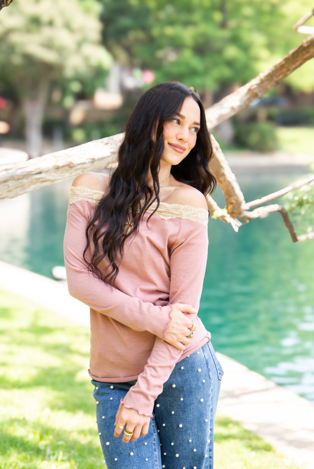 Longsleeve Off-the-Shoulder Top with Lace Trim, Mauve - Poppy & Vine