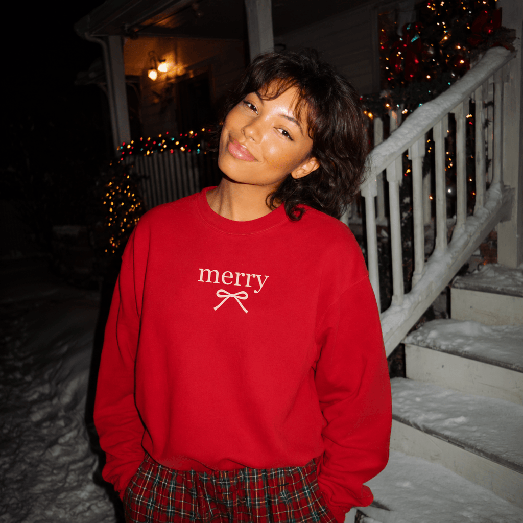 Merry Bow Christmas Sweatshirt | Minimal Holiday Crewneck - Poppy & Vine