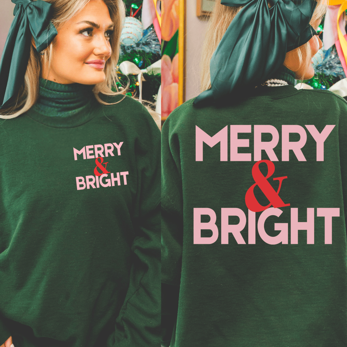 Merry & Bright Christmas Sweatshirt | Forest Green Holiday Pullover - Poppy & Vine