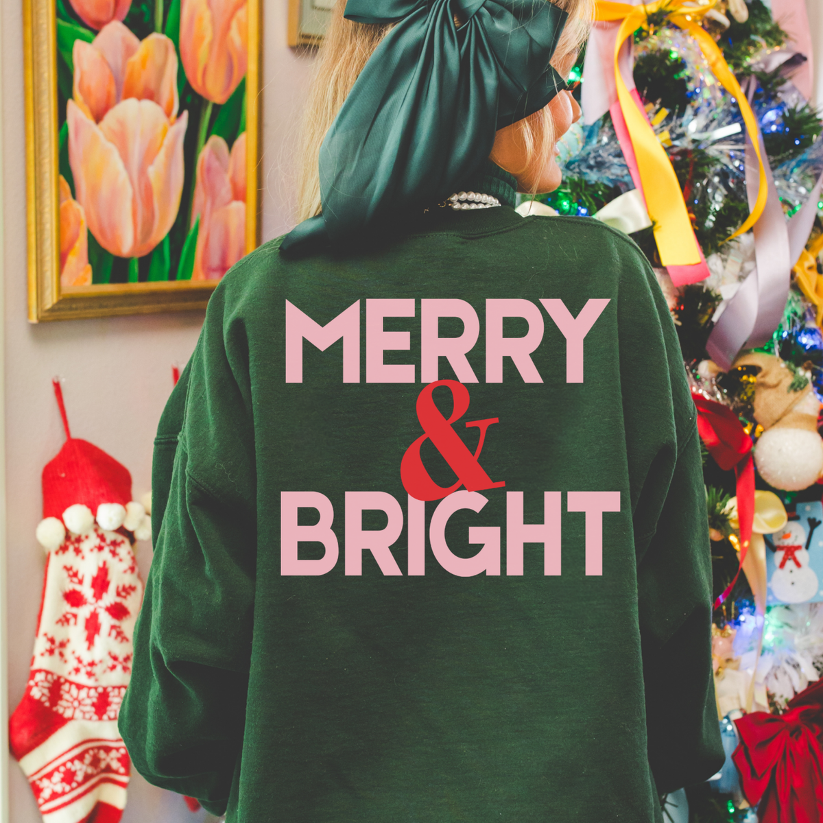 Merry & Bright Christmas Sweatshirt | Forest Green Holiday Pullover - Poppy & Vine