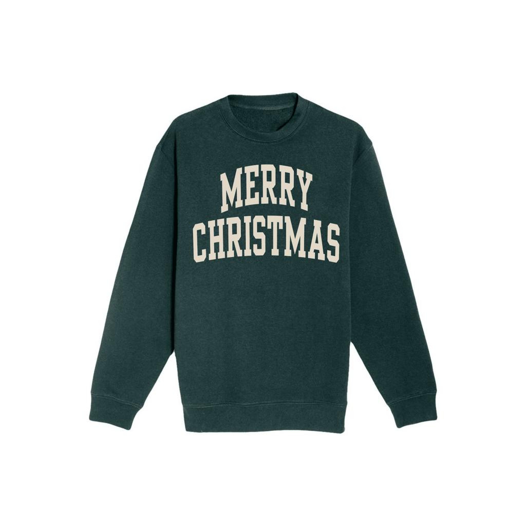 Merry Christmas Varsity Crewneck Sweatshirt | Cozy Christmas Sweatshirt | Holiday Graphic Fleece Pullover - Poppy & Vine