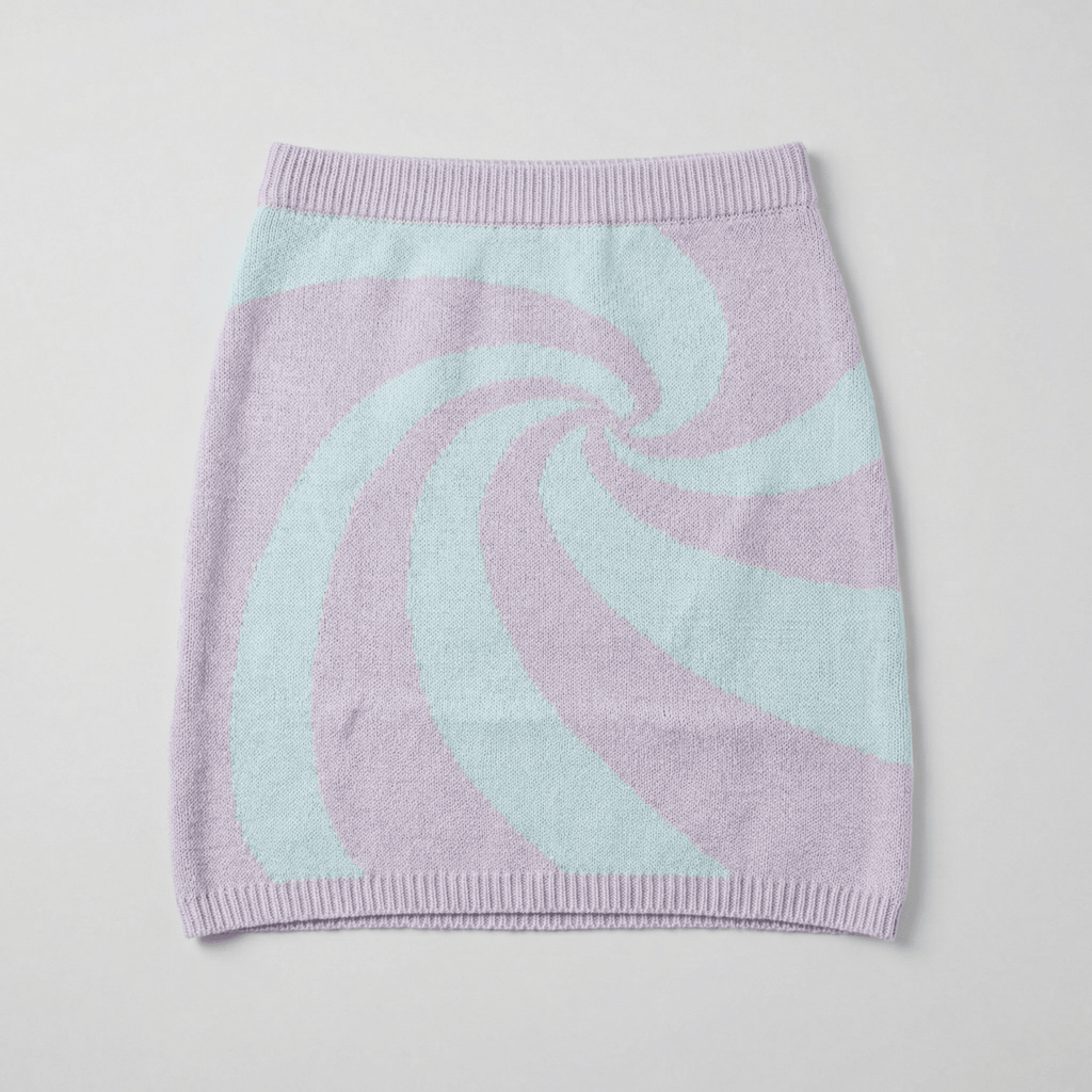 Mod Swirl Sweater Mini Skirt | Lilac & Pale Blue Knit Skirt with Intarsia Design (SM–XL) - Poppy & Vine