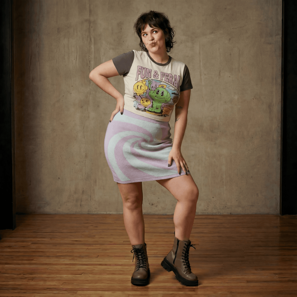 Mod Swirl Sweater Mini Skirt | Lilac & Pale Blue Knit Skirt with Intarsia Design (SM–XL) - Poppy & Vine