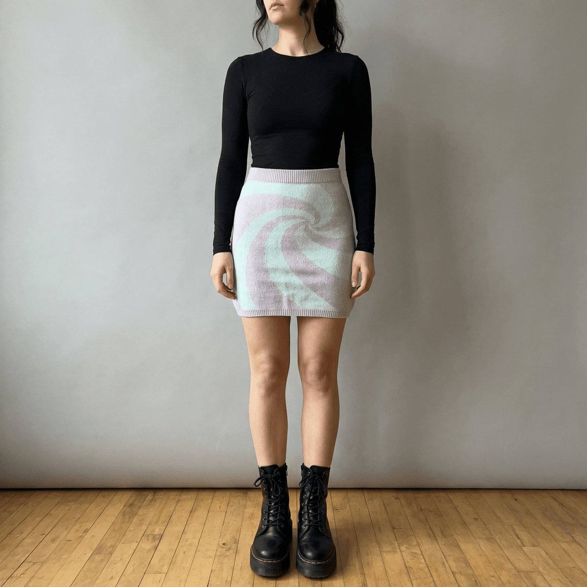 Mod Swirl Sweater Mini Skirt | Lilac & Pale Blue Knit Skirt with Intarsia Design (SM–XL) - Poppy & Vine