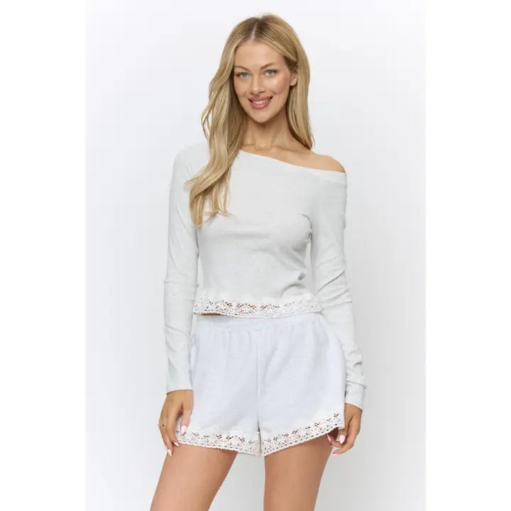 Off-Shoulder Lace Trim Top & Shorts Set