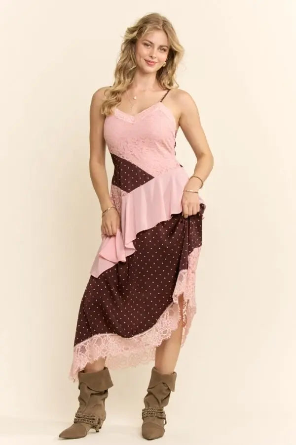 Pink & Brown Polka Dot Lace Patchwork Midi Dress - Poppy & Vine