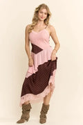 Pink & Brown Polka Dot Lace Patchwork Midi Dress - Poppy & Vine