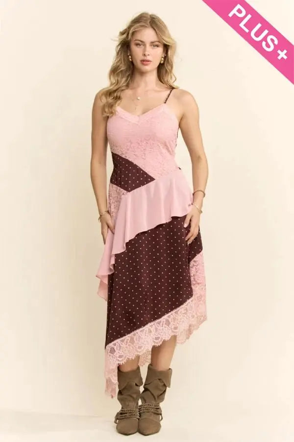 Pink & Brown Polka Dot Lace Patchwork Midi Dress - Poppy & Vine