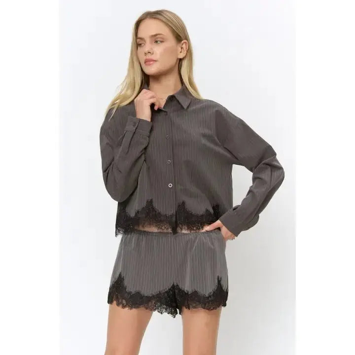 Pinstripe Oversized Shirt & Lace Trim Shorts Set - Poppy & Vine