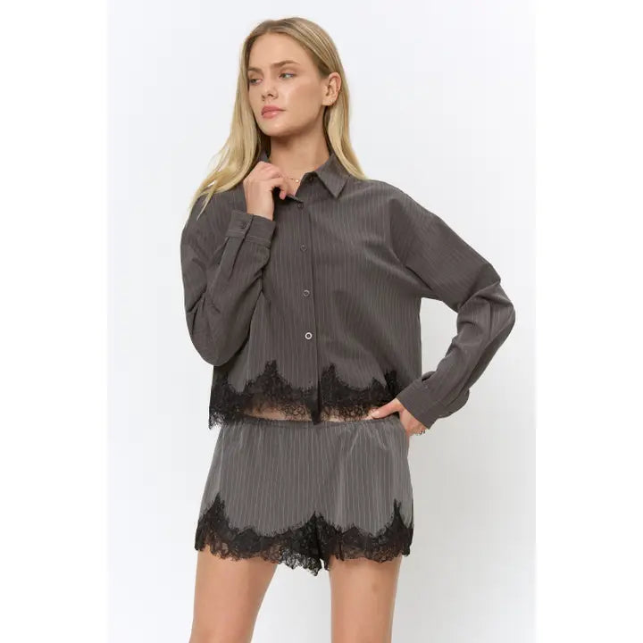 Pinstripe Oversized Shirt & Lace Trim Shorts Set