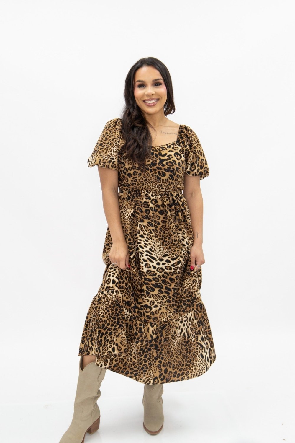 Puff Sleeve Midi Dress, Leopard - Poppy & Vine