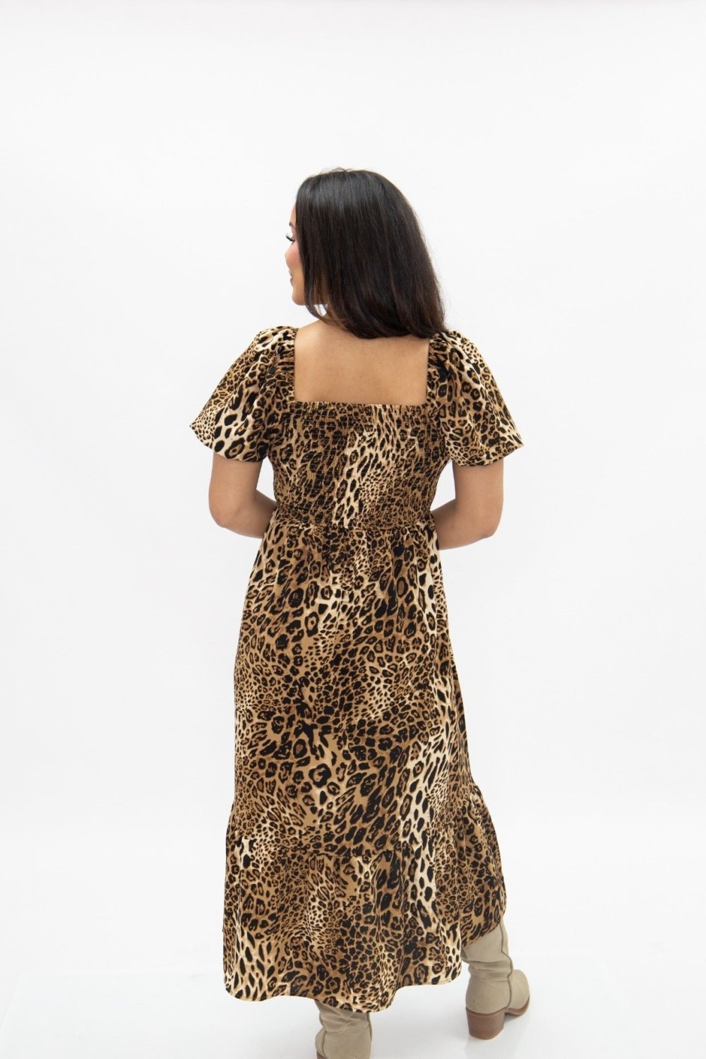 Puff Sleeve Midi Dress, Leopard - Poppy & Vine