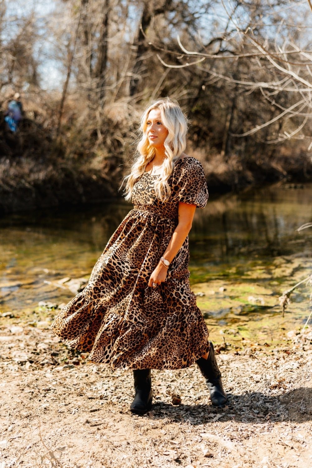 Puff Sleeve Midi Dress, Leopard - Poppy & Vine