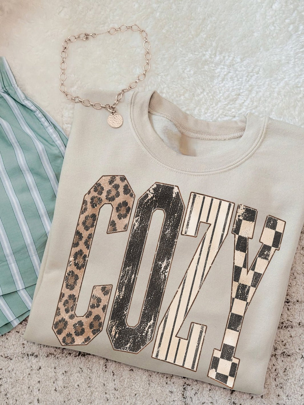 Retro Cozy Leopard Checkered Combo Distressed Graphic Crewneck Sweatshirt - Poppy & Vine