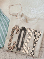Retro Cozy Leopard Checkered Combo Distressed Graphic Crewneck Sweatshirt - Poppy & Vine