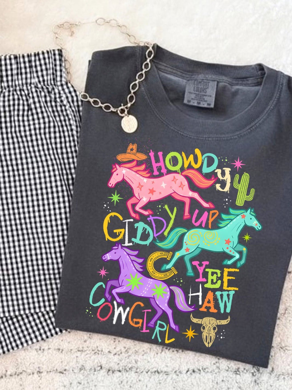 Retro Neon Howdy Giddy Up Comfort Colors Graphic Tee - Poppy & Vine