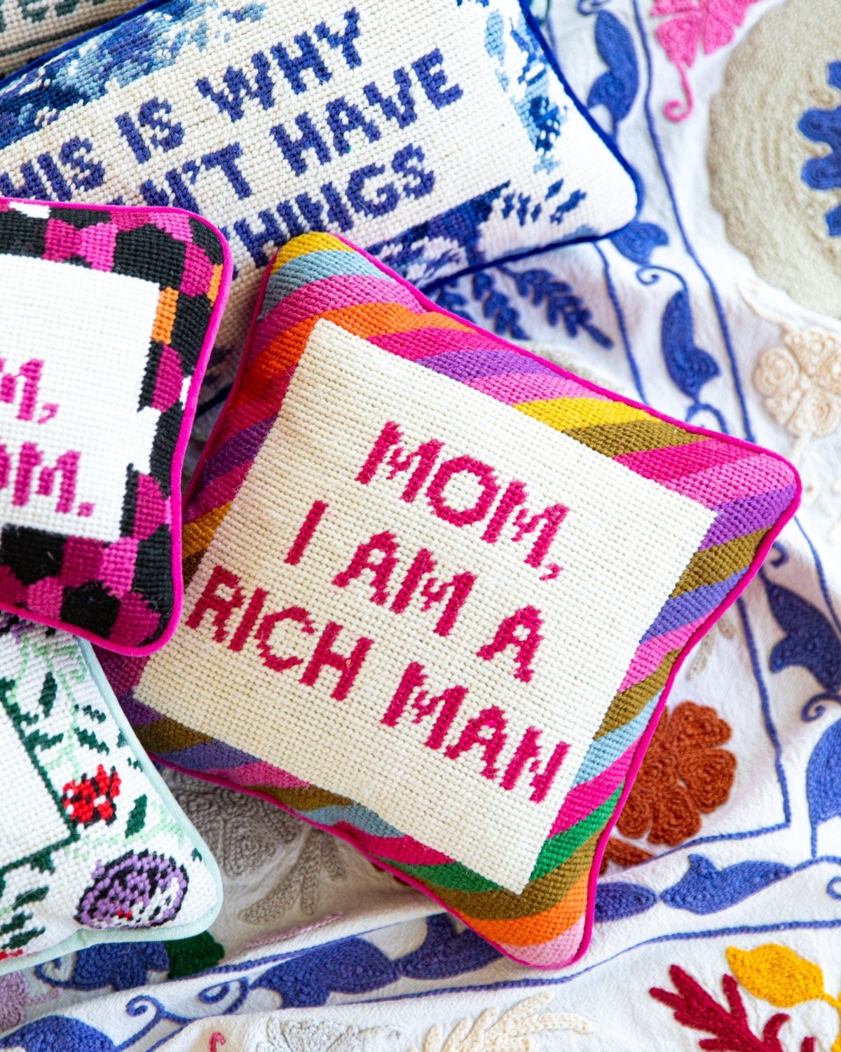 Rich Man Needlepoint Pillow - Poppy & Vine