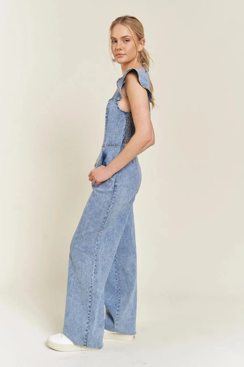 Ruffled Open-Back Denim Jumpsuit - Poppy & Vine