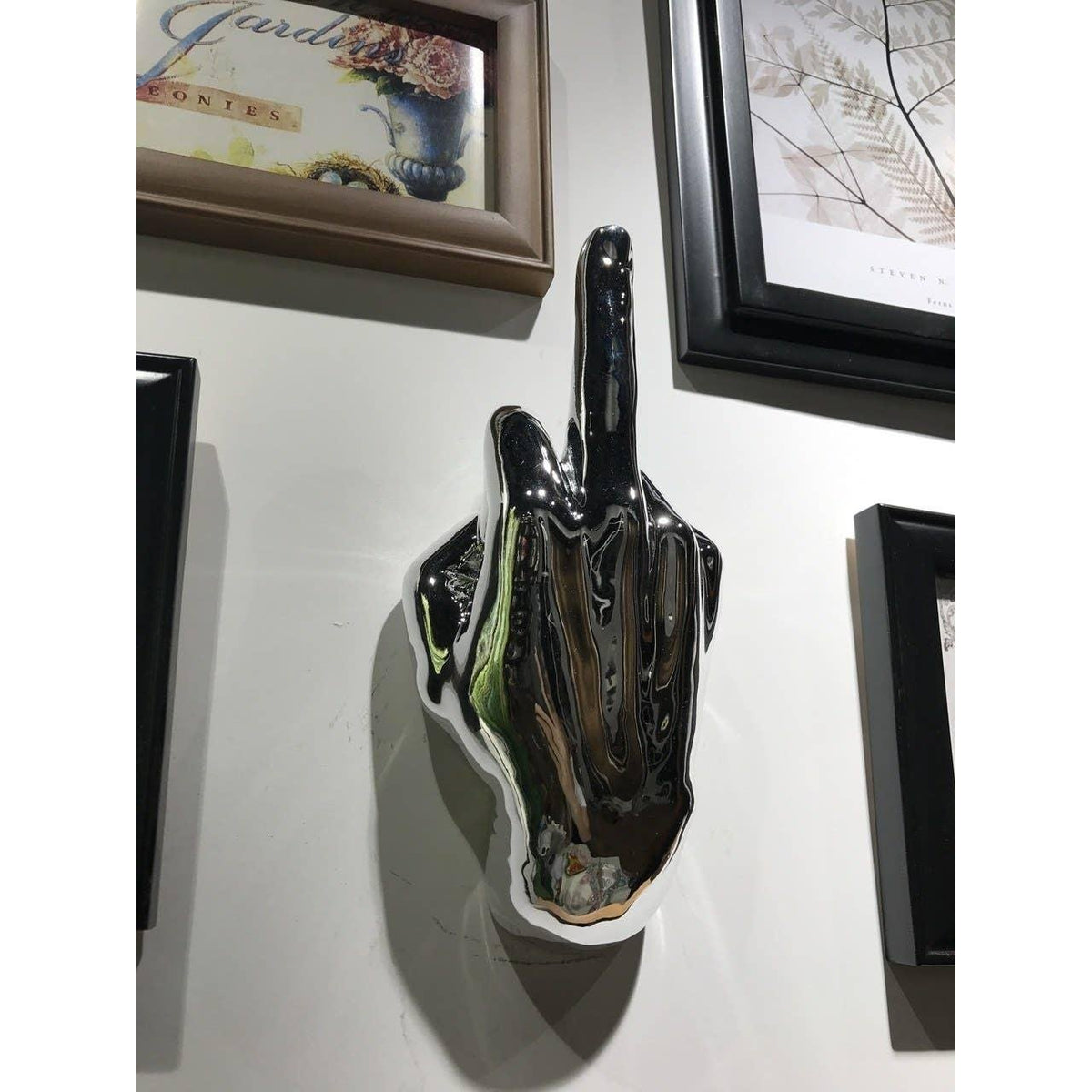 Silver Middle Finger Wall Mounted Hook | Modern Ceramic Statement Sculpture | 7" Tall - Poppy & Vine
