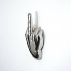 Silver Middle Finger Wall Mounted Hook | Modern Ceramic Statement Sculpture | 7" Tall - Poppy & Vine