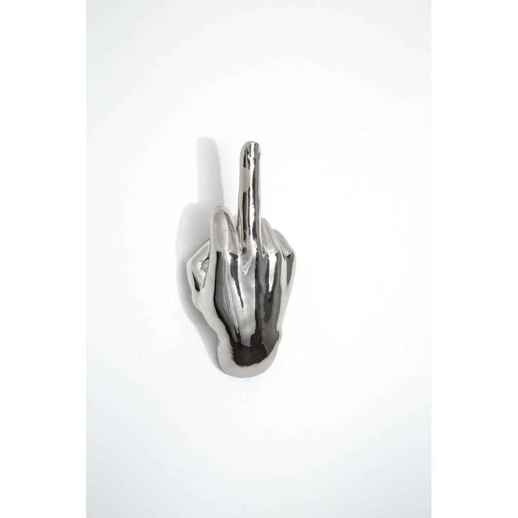 Silver Middle Finger Wall Mounted Hook | Modern Ceramic Statement Sculpture | 7" Tall - Poppy & Vine