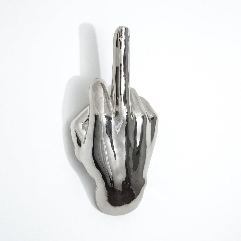 Silver Middle Finger Wall Mounted Hook | Modern Ceramic Statement Sculpture | 7" Tall - Poppy & Vine
