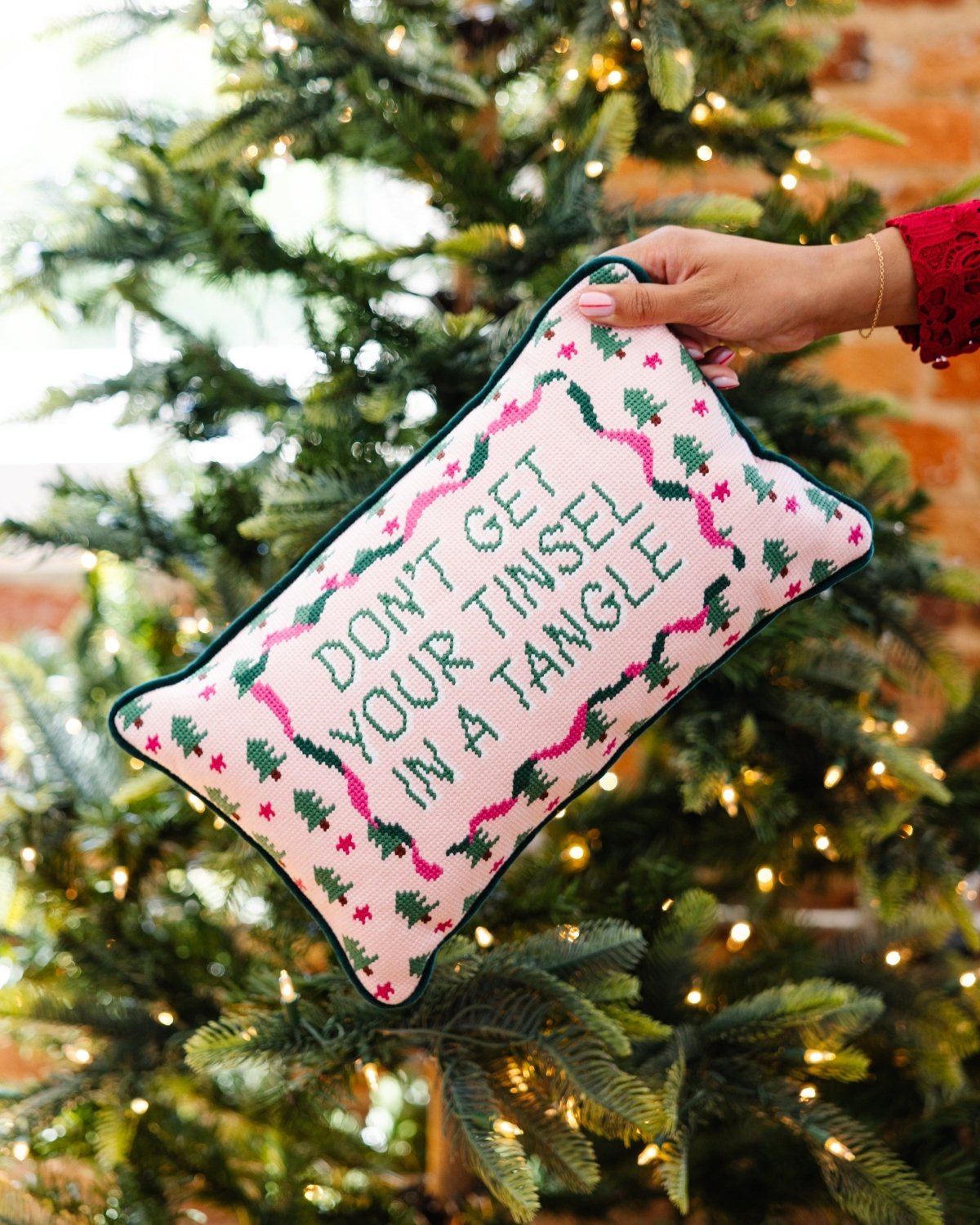 Tinsel in a Tangle Needlepoint Pillow - Poppy & Vine