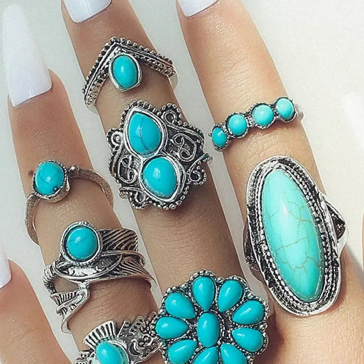 Turquoise Western Ring Set, 8 Piece Vintage Boho Jewelry - Poppy & Vine