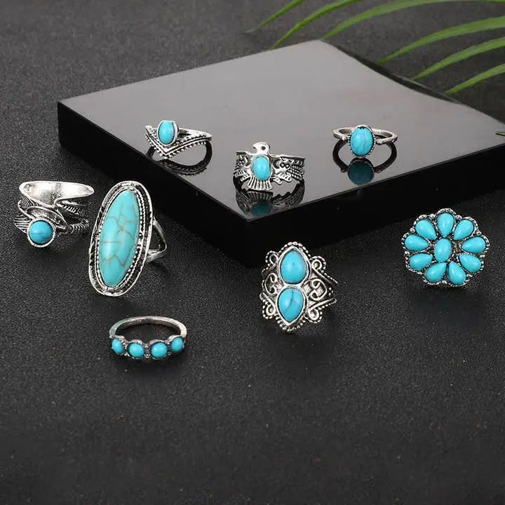 Turquoise Western Ring Set, 8 Piece Vintage Boho Jewelry - Poppy & Vine